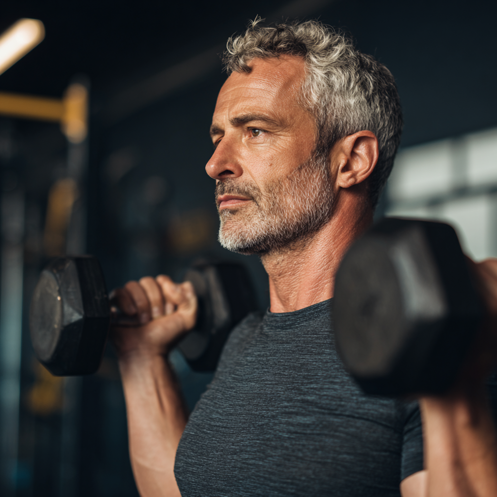 Middle-aged person demonstrating proper form during strength training session at modern gym