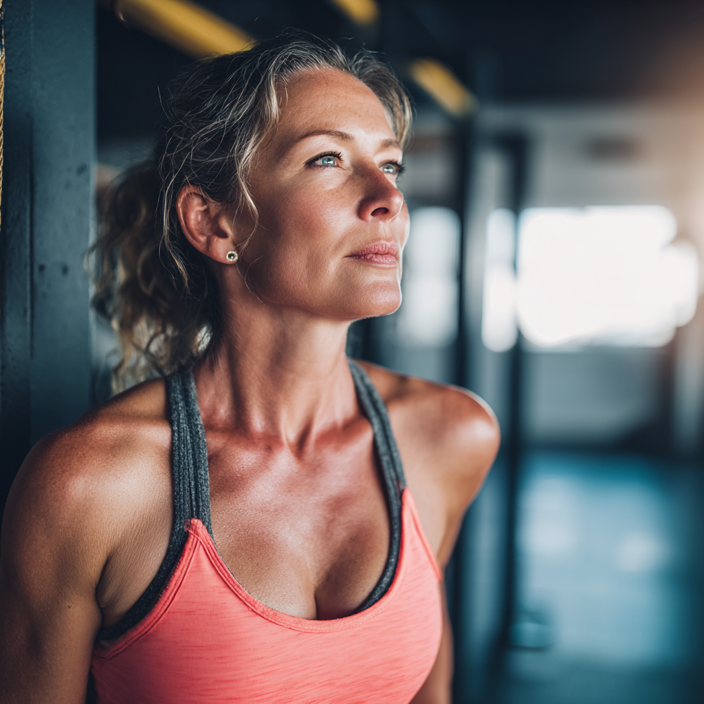 Middle aged woman after cardio training in modern gym